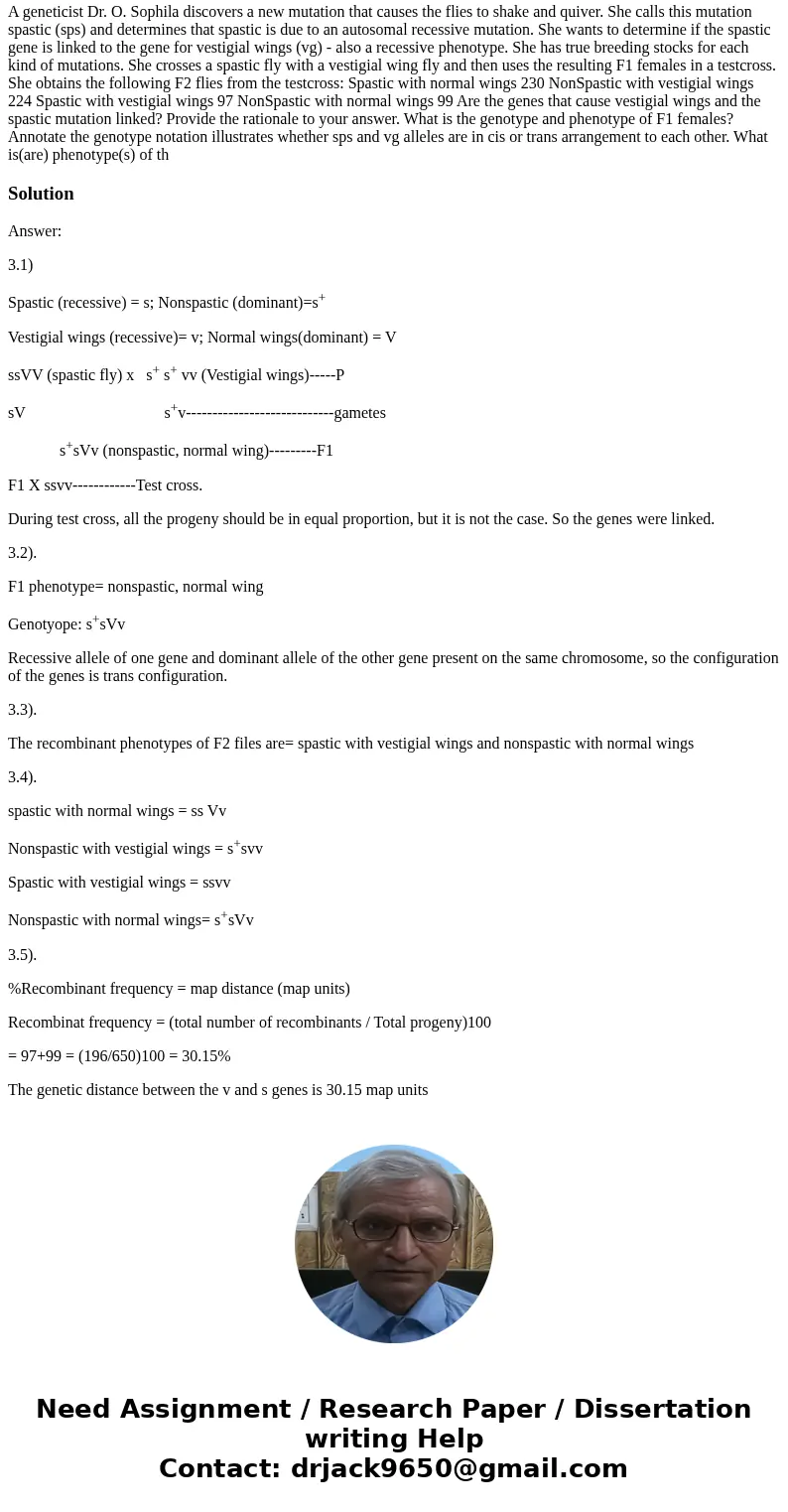  A geneticist Dr. O. Sophila discovers a new mutation that causes the flies to shake and quiver. She calls this mutation spastic (sps) and determines that spast
