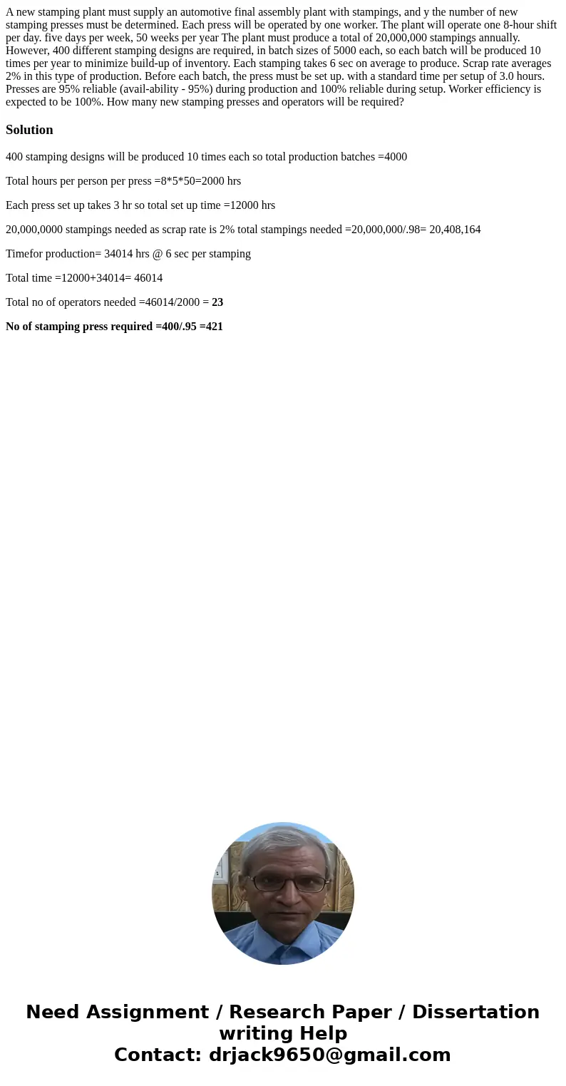 A new stamping plant must supply an automotive final assembly plant with stampings, and y the number of new stamping presses must be determined. Each press wil  A new stamping plant must supply an automotive final assembly plant with stampings, and y the number of new stamping presses must be determined. Each press wil