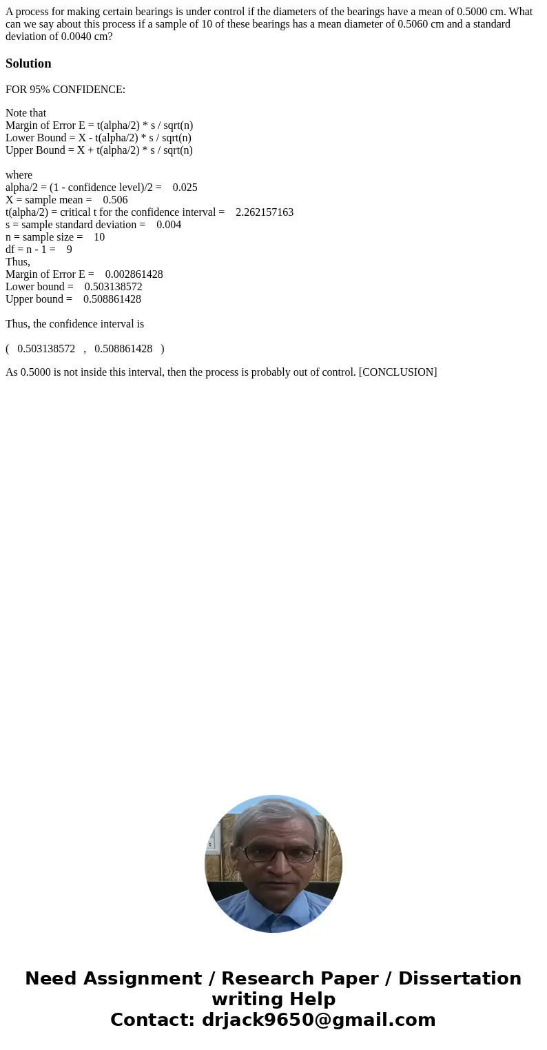 A process for making certain bearings is under control if the diameters of the bearings have a mean of 0.5000 cm. What can we say about this process if a sampl  A process for making certain bearings is under control if the diameters of the bearings have a mean of 0.5000 cm. What can we say about this process if a sampl