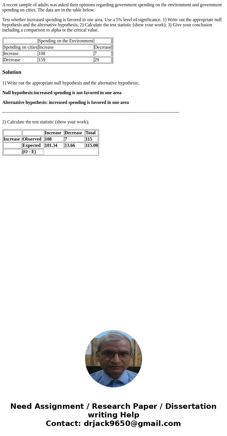 A recent sample of adults was asked their opinions regarding government spending on the environment and government spending on cities. The data are in the table A recent sample of adults was asked their opinions regarding government spending on the environment and government spending on cities. The data are in the table