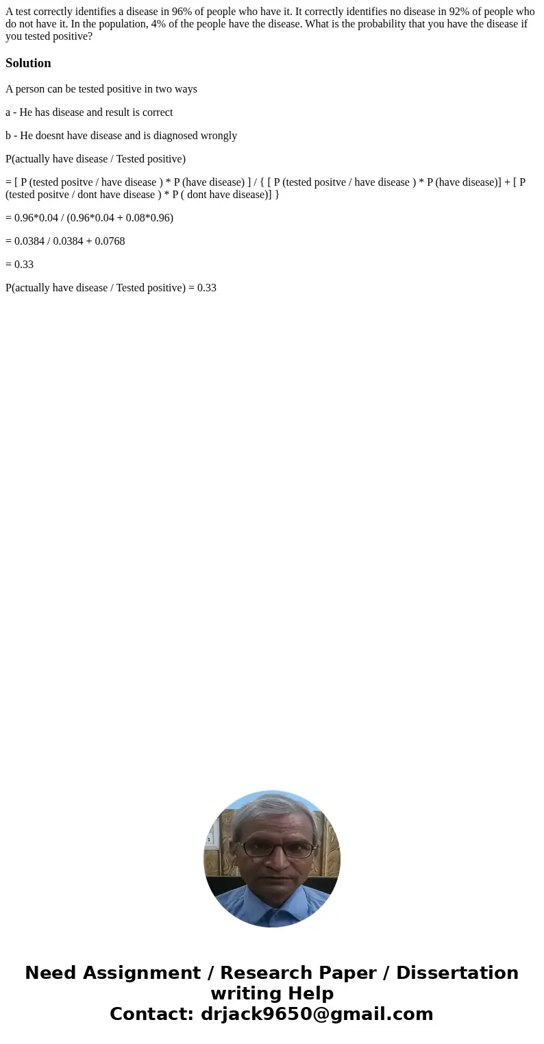 A test correctly identifies a disease in 96% of people who have it. It correctly identifies no disease in 92% of people who do not have it. In the population, 4 A test correctly identifies a disease in 96% of people who have it. It correctly identifies no disease in 92% of people who do not have it. In the population, 4