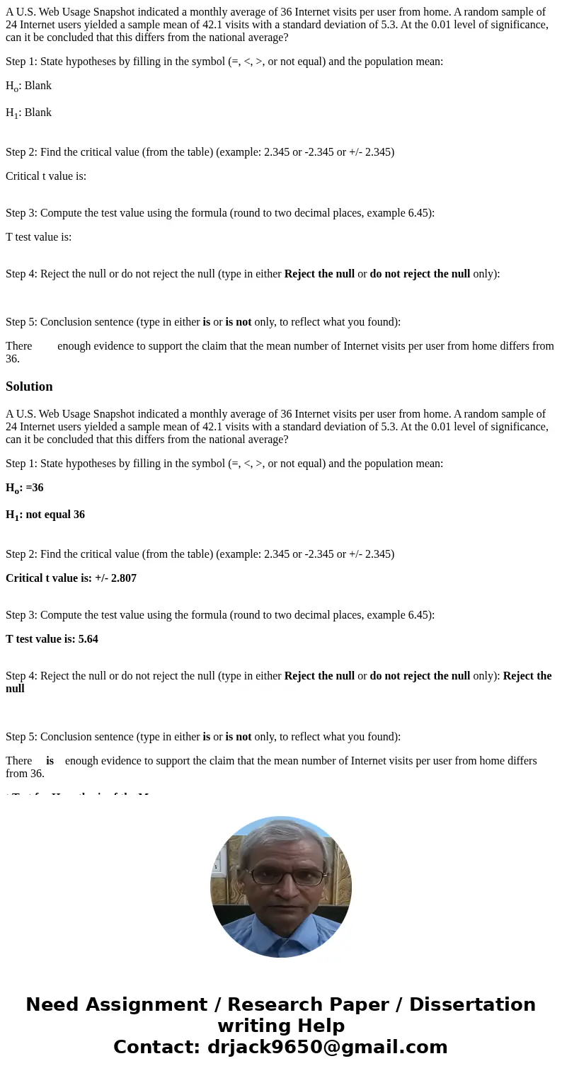 A U.S. Web Usage Snapshot indicated a monthly average of 36 Internet visits per user from home. A random sample of 24 Internet users yielded a sample mean of 42