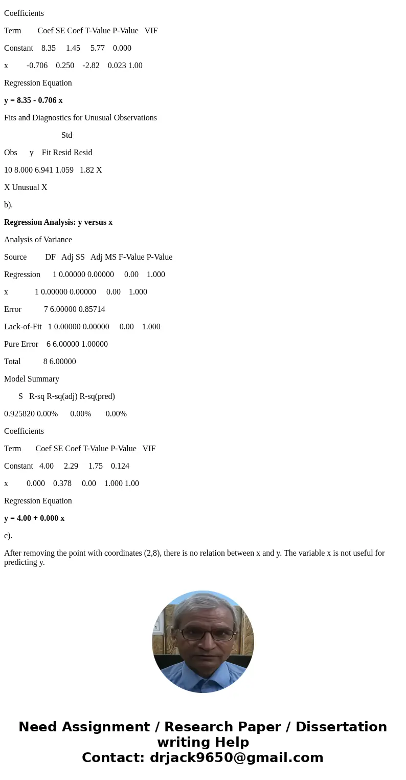 a. Using the pairs of values for all 10 points, find the equation of the regression line. b. After removing the point with coordinates (2,8)?, use the pairs of 