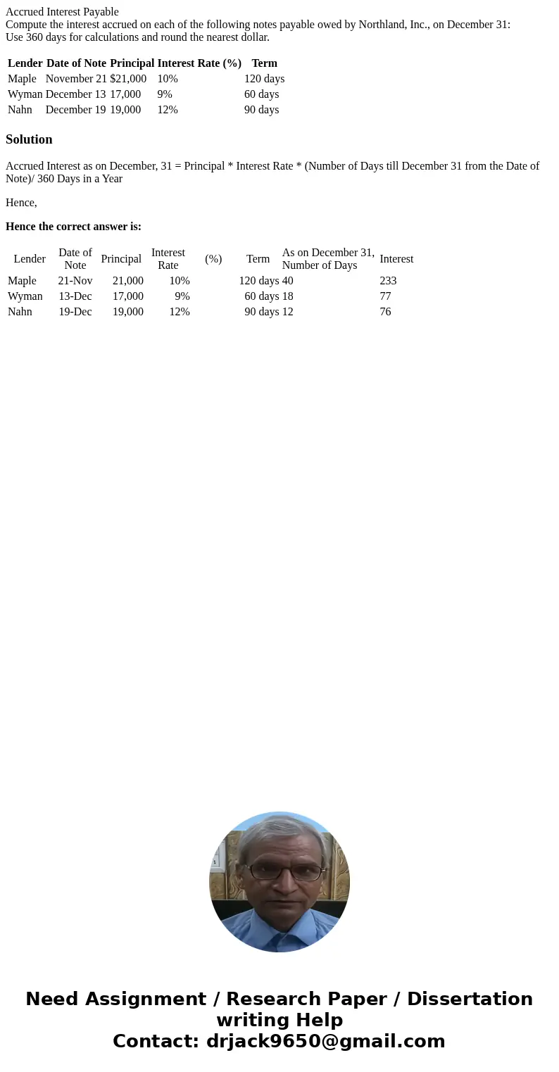 Accrued Interest Payable Compute the interest accrued on each of the following notes payable owed by Northland, Inc., on December 31: Use 360 days for calculati Accrued Interest Payable Compute the interest accrued on each of the following notes payable owed by Northland, Inc., on December 31: Use 360 days for calculati