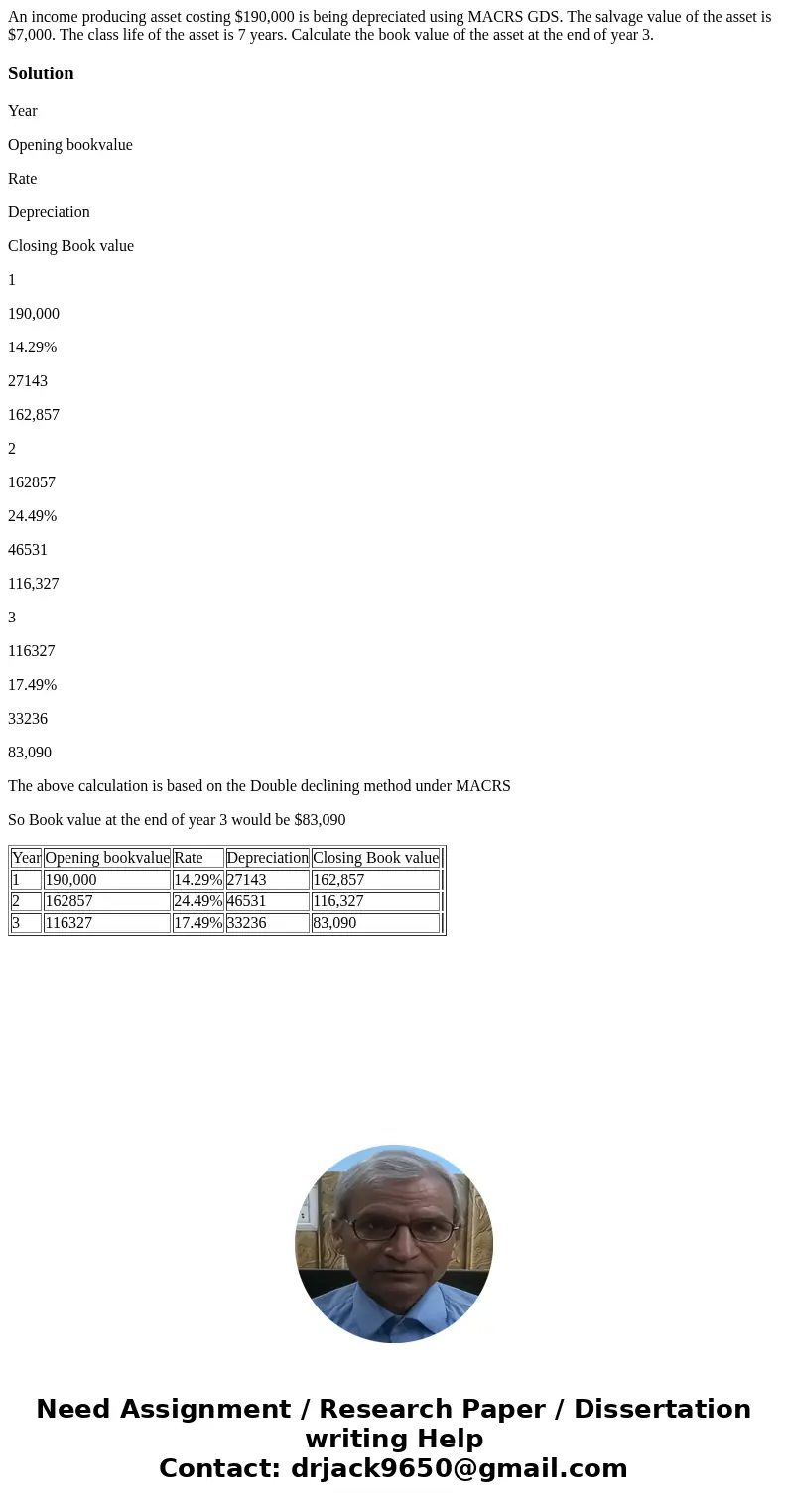 An income producing asset costing $190,000 is being depreciated using MACRS GDS. The salvage value of the asset is $7,000. The class life of the asset is 7 yea  An income producing asset costing $190,000 is being depreciated using MACRS GDS. The salvage value of the asset is $7,000. The class life of the asset is 7 yea