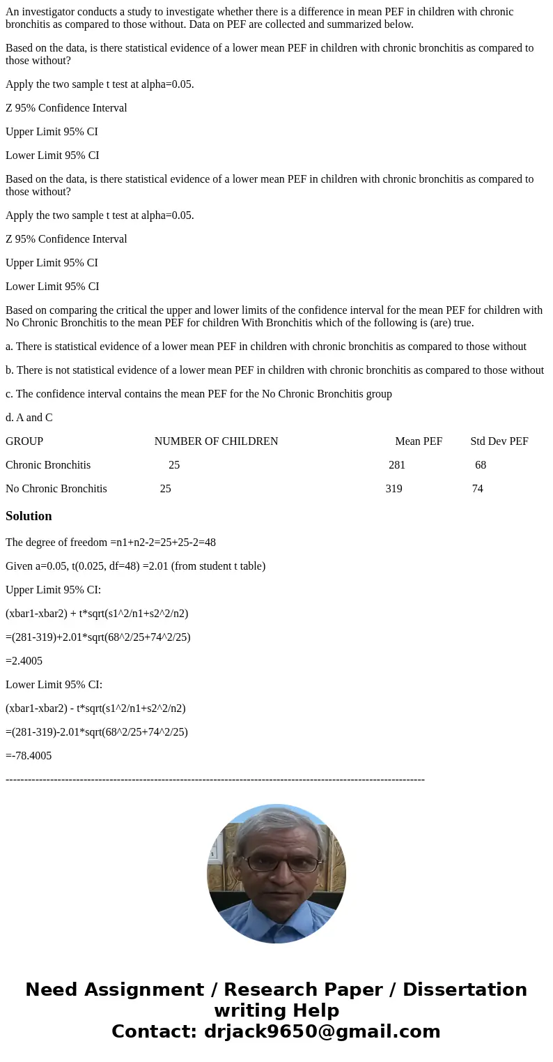 An investigator conducts a study to investigate whether there is a difference in mean PEF in children with chronic bronchitis as compared to those without. Data An investigator conducts a study to investigate whether there is a difference in mean PEF in children with chronic bronchitis as compared to those without. Data