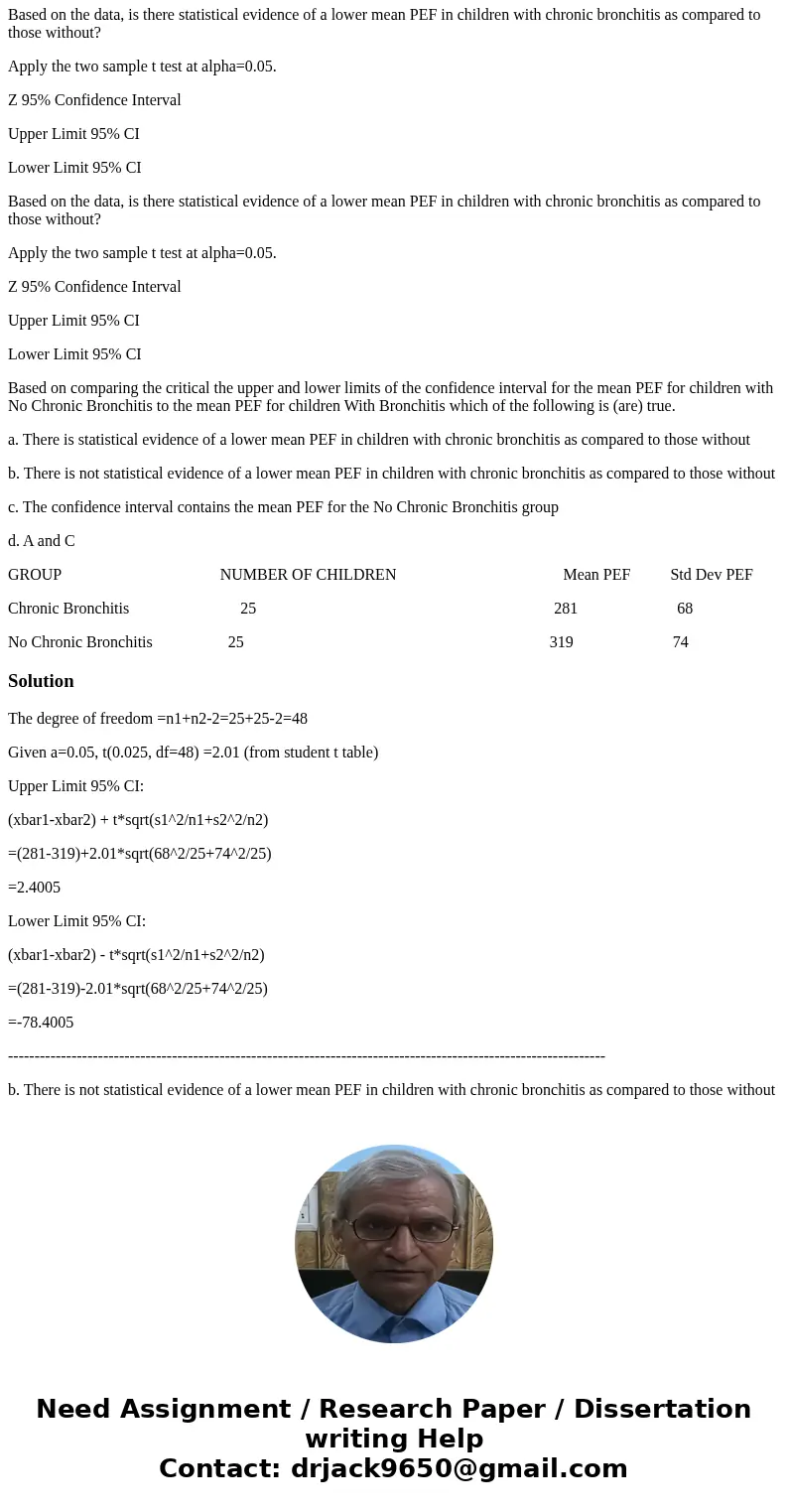 An investigator conducts a study to investigate whether there is a difference in mean PEF in children with chronic bronchitis as compared to those without. Data An investigator conducts a study to investigate whether there is a difference in mean PEF in children with chronic bronchitis as compared to those without. Data