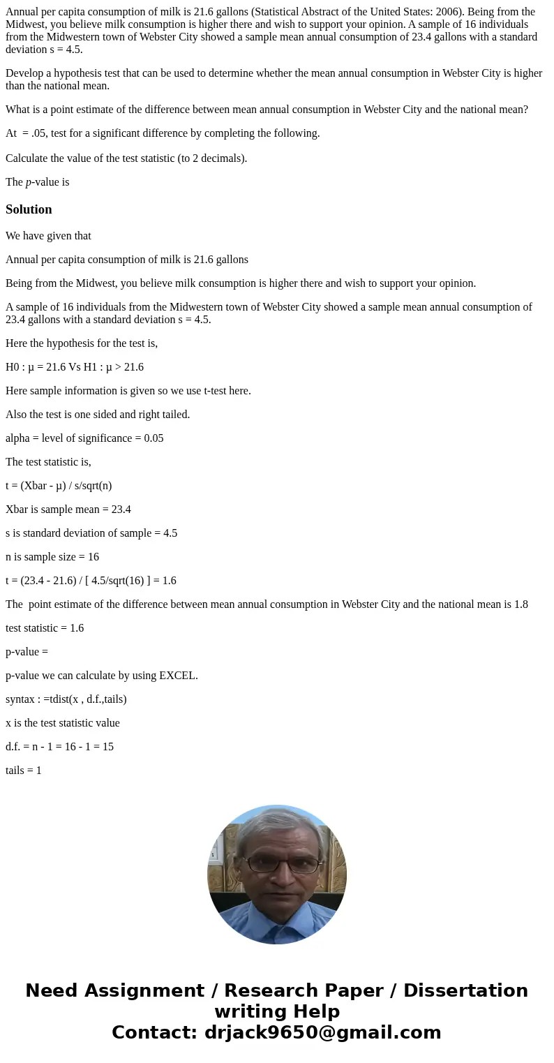 Annual per capita consumption of milk is 21.6 gallons (Statistical Abstract of the United States: 2006). Being from the Midwest, you believe milk consumption is Annual per capita consumption of milk is 21.6 gallons (Statistical Abstract of the United States: 2006). Being from the Midwest, you believe milk consumption is
