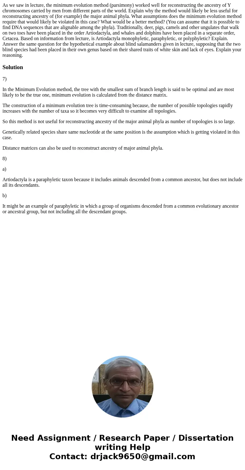  As we saw in lecture, the minimum evolution method (parsimony) worked well for reconstructing the ancestry of Y chromosomes carried by men from different parts
