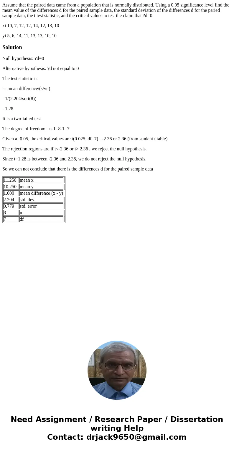 Assume that the paired data came from a population that is normally distributed. Using a 0.05 significance level find the mean value of the differences d for th