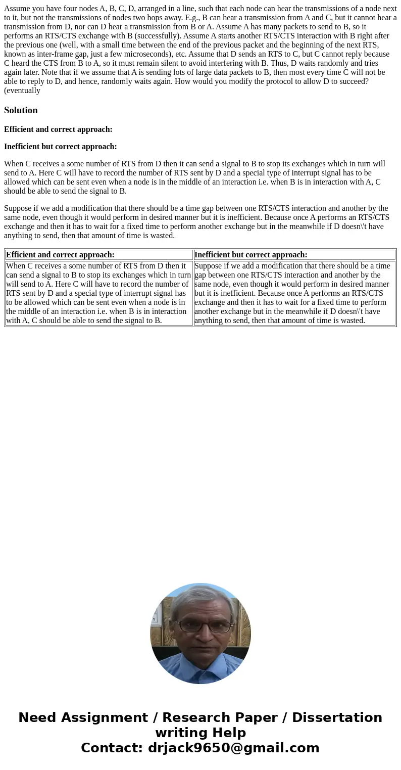 Assume you have four nodes A, B, C, D, arranged in a line, such that each node can hear the transmissions of a node next to it, but not the transmissions of nod