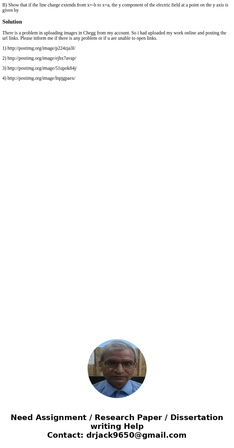 B) Show that if the line charge extends from x=-b to x=a, the y component of the electric field at a point on the y axis is given bySolutionThere is a problem i B) Show that if the line charge extends from x=-b to x=a, the y component of the electric field at a point on the y axis is given bySolutionThere is a problem i