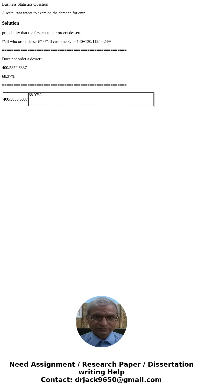 Business Statistics Question A restaurant wants to examine the demand for entrSolutionprobability that the first customer orders dessert = \