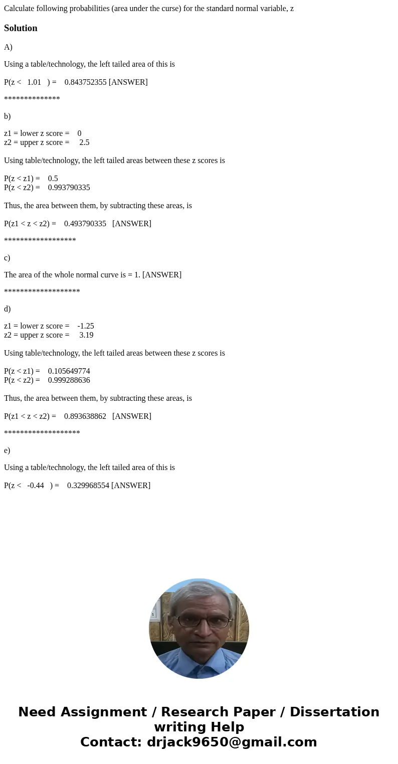 Calculate following probabilities (area under the curse) for the standard normal variable, z SolutionA) Using a table/technology, the left tailed area of this   Calculate following probabilities (area under the curse) for the standard normal variable, z SolutionA) Using a table/technology, the left tailed area of this