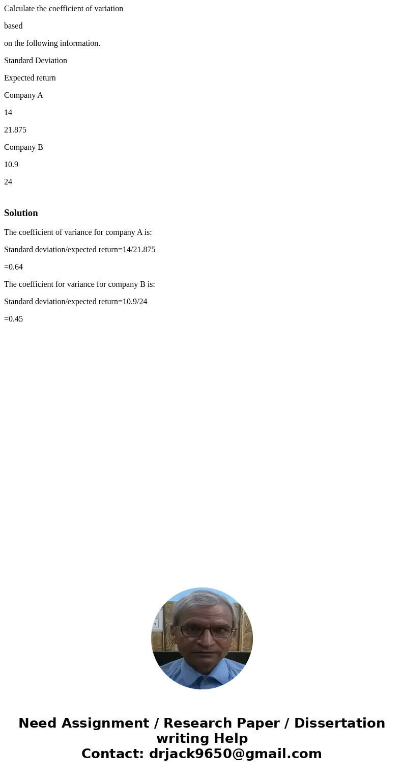 Calculate the coefficient of variation based on the following information. Standard Deviation Expected return Company A 14 21.875 Company B 10.9 24 SolutionThe 