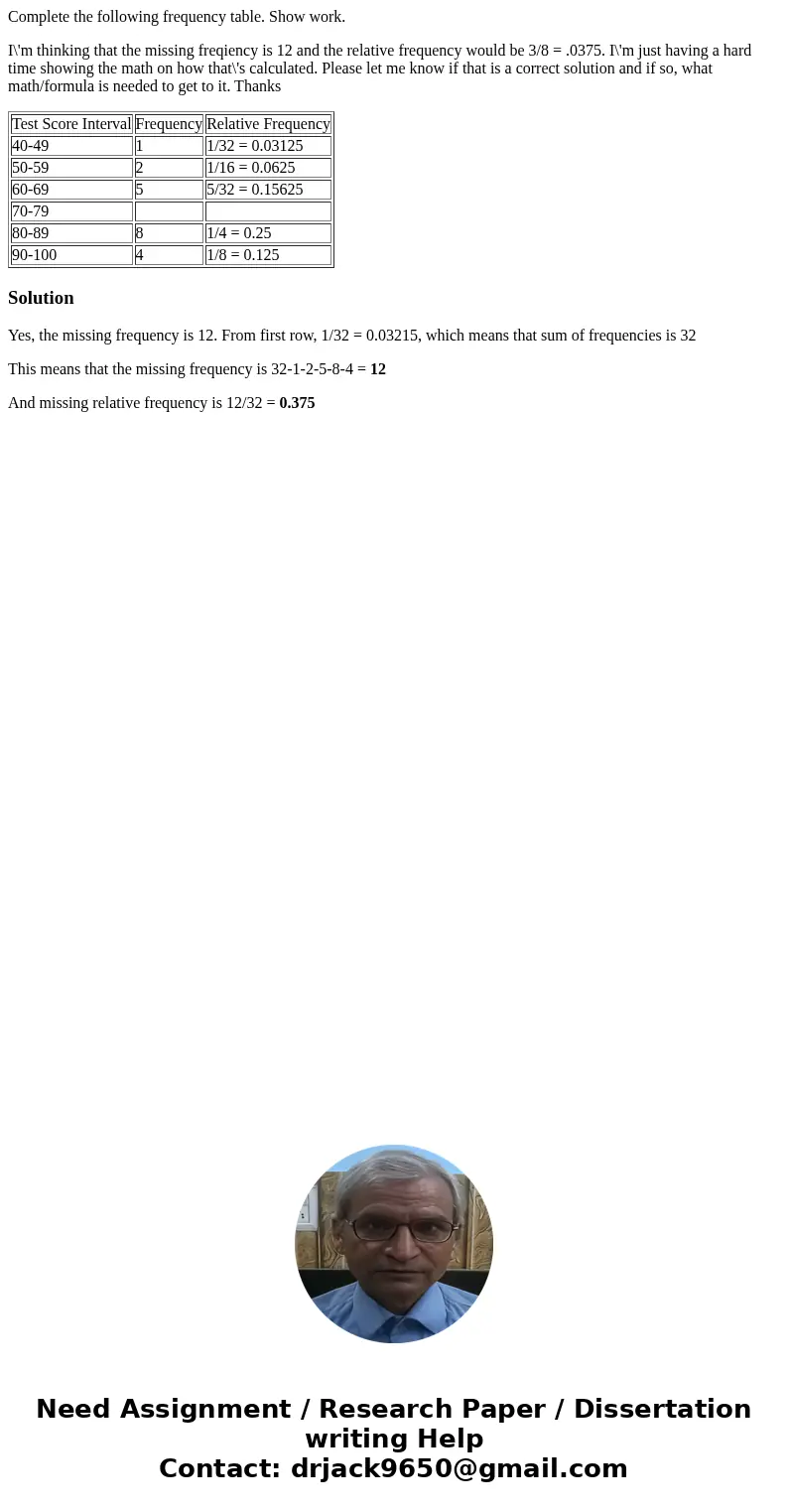 Complete the following frequency table. Show work. I\'m thinking that the missing freqiency is 12 and the relative frequency would be 3/8 = .0375. I\'m just hav