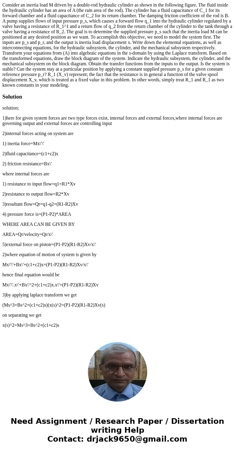  Consider an inertia load M driven by a double-rod hydraulic cylinder as shown in the following figure. The fluid inside the hydraulic cylinder has an area of A