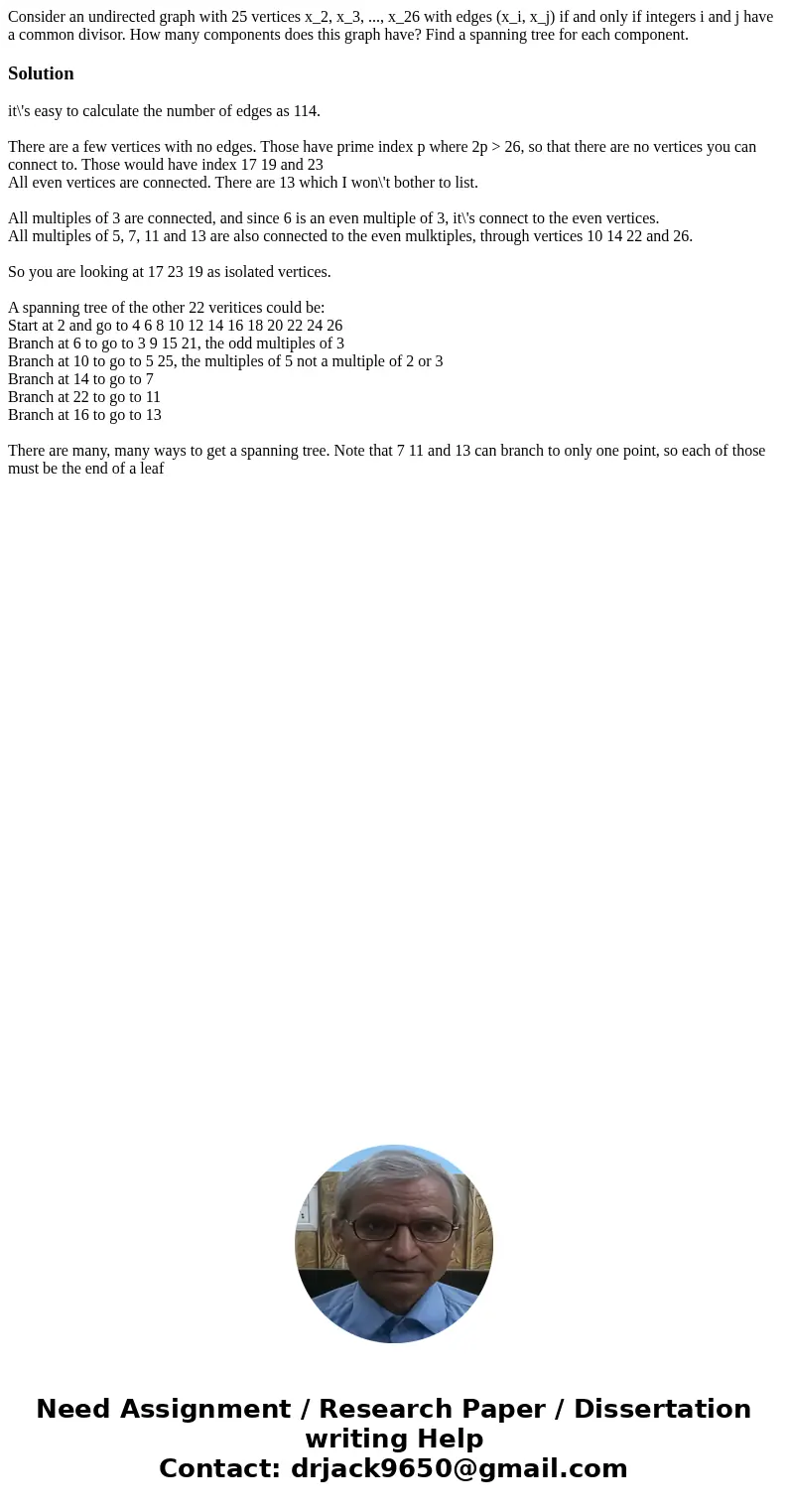  Consider an undirected graph with 25 vertices x_2, x_3, ..., x_26 with edges (x_i, x_j) if and only if integers i and j have a common divisor. How many compone