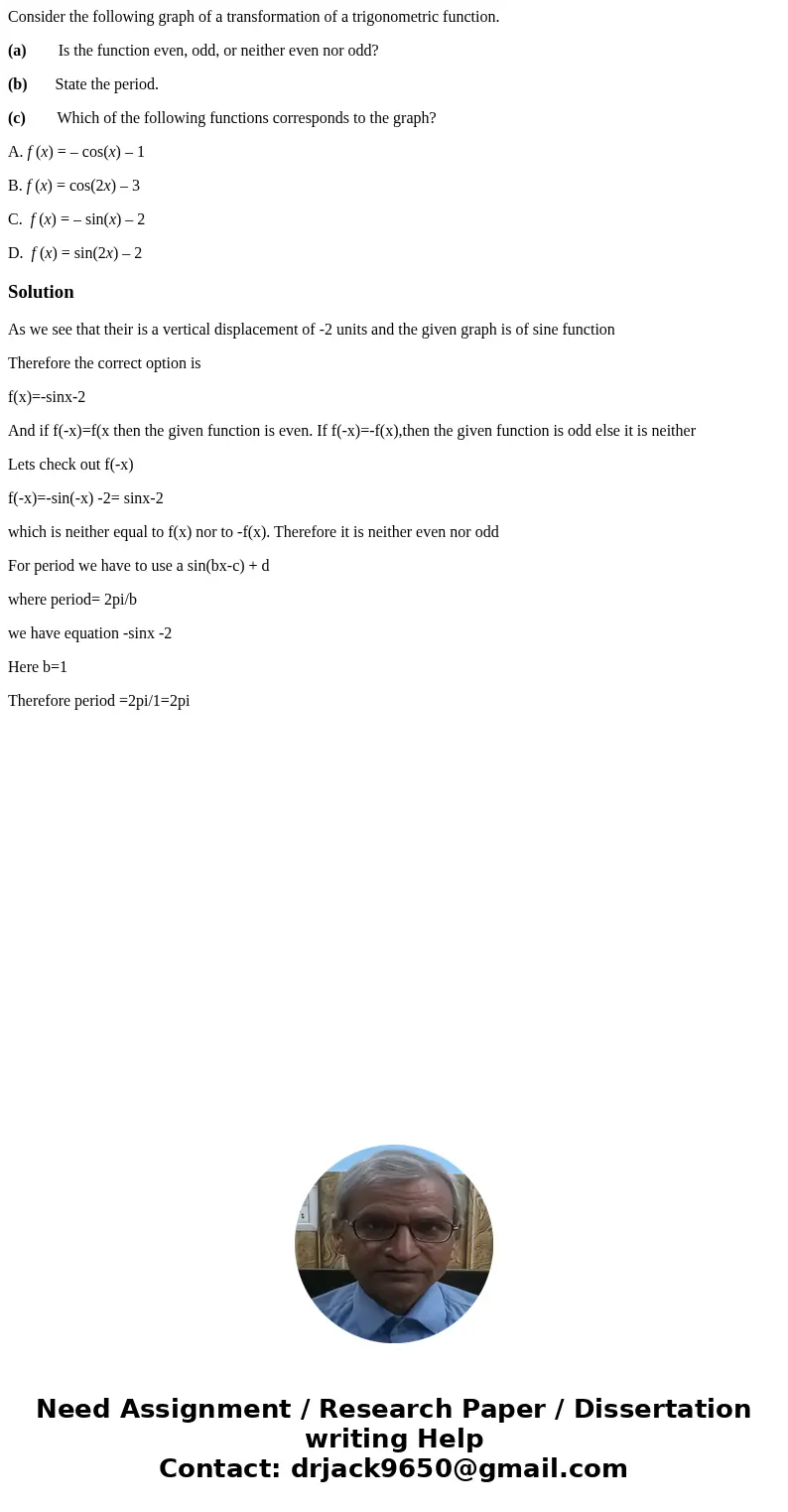 Consider the following graph of a transformation of a trigonometric function. (a) Is the function even, odd, or neither even nor odd? (b) State the period. (c) 