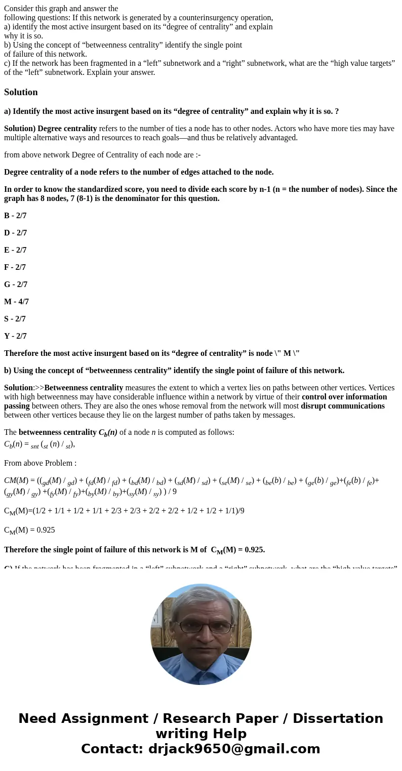 Consider this graph and answer the following questions: If this network is generated by a counterinsurgency operation, a) identify the most active insurgent bas