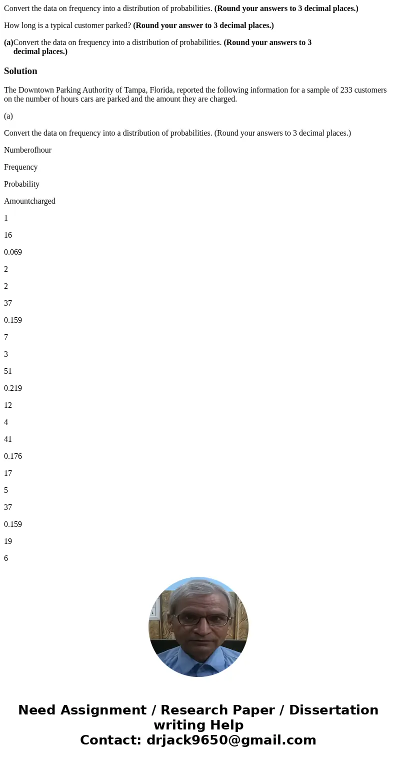  Convert the data on frequency into a distribution of probabilities. (Round your answers to 3 decimal places.) How long is a typical customer parked? (Round you