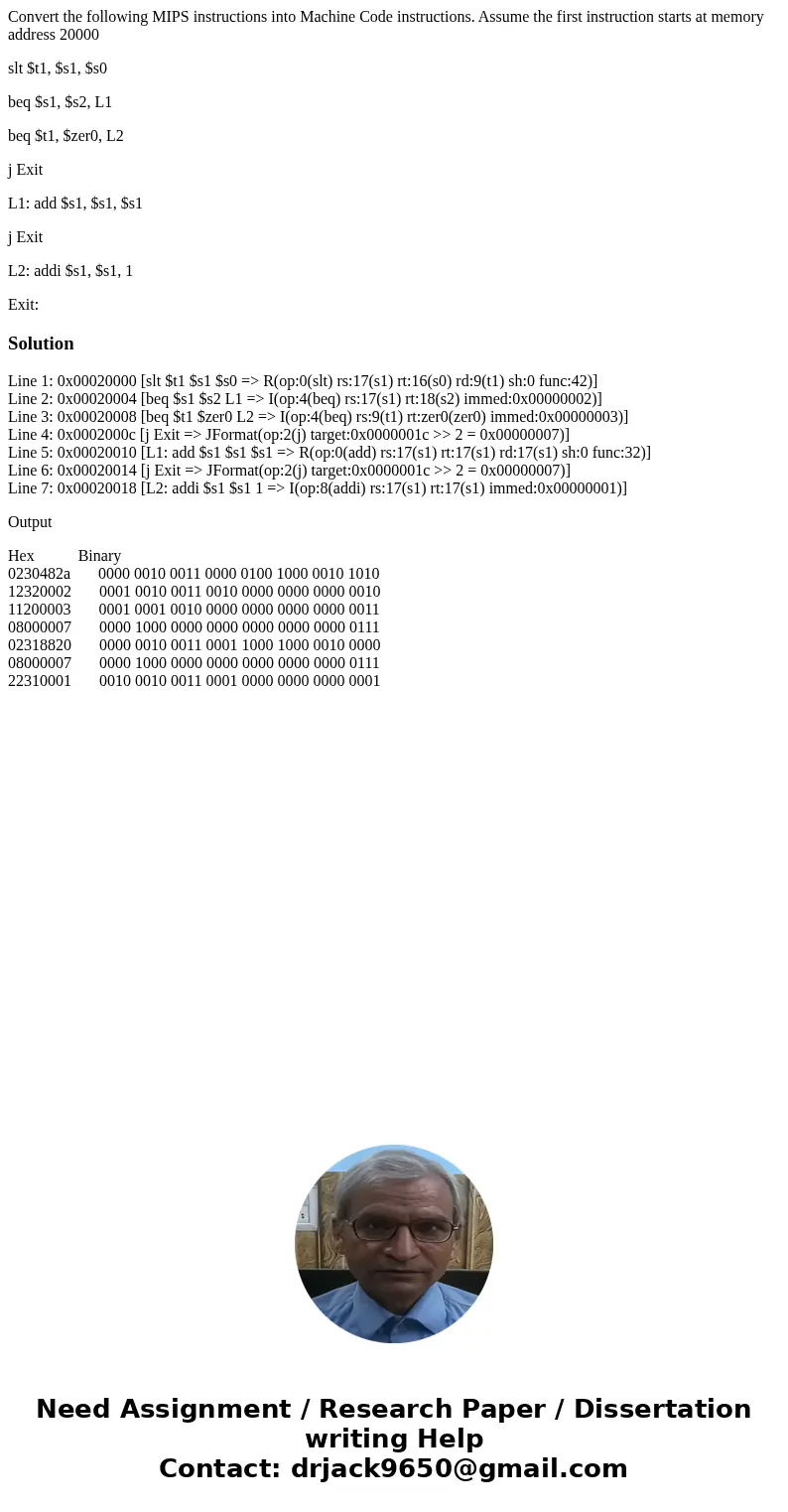 Convert the following MIPS instructions into Machine Code instructions. Assume the first instruction starts at memory address 20000 slt $t1, $s1, $s0 beq $s1, $ Convert the following MIPS instructions into Machine Code instructions. Assume the first instruction starts at memory address 20000 slt $t1, $s1, $s0 beq $s1, $
