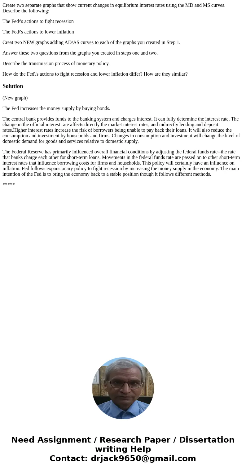 Create two separate graphs that show current changes in equilibrium interest rates using the MD and MS curves. Describe the following: The Fed\'s actions to fig