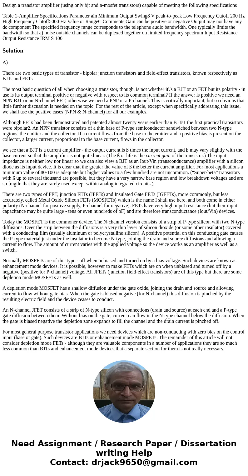 Design a transistor amplifier (using only bjt and n-mosfet transistors) capable of meeting the following specifications Table 1-Amplifier Specifications Paramet Design a transistor amplifier (using only bjt and n-mosfet transistors) capable of meeting the following specifications Table 1-Amplifier Specifications Paramet
