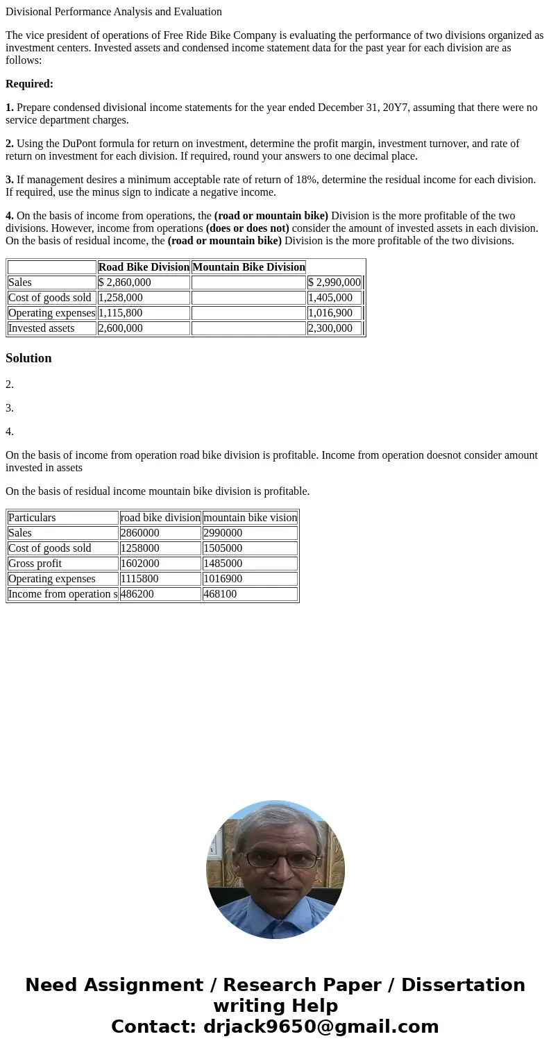 Divisional Performance Analysis and Evaluation The vice president of operations of Free Ride Bike Company is evaluating the performance of two divisions organiz