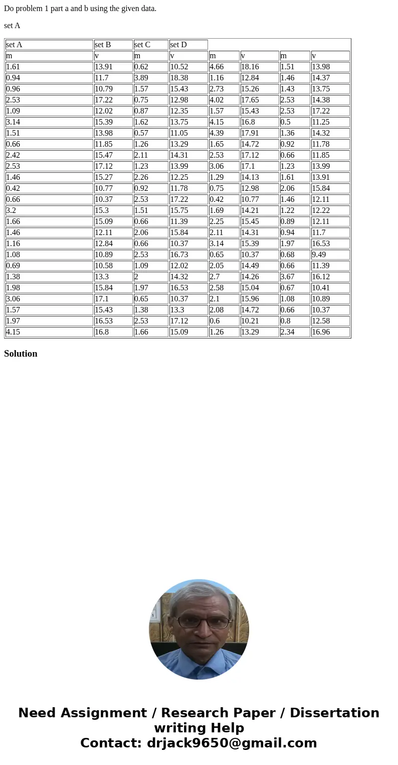 Do problem 1 part a and b using the given data. set A set A set B set C set D m v m v m v m v 1.61 13.91 0.62 10.52 4.66 18.16 1.51 13.98 0.94 11.7 3.89 18.38 1