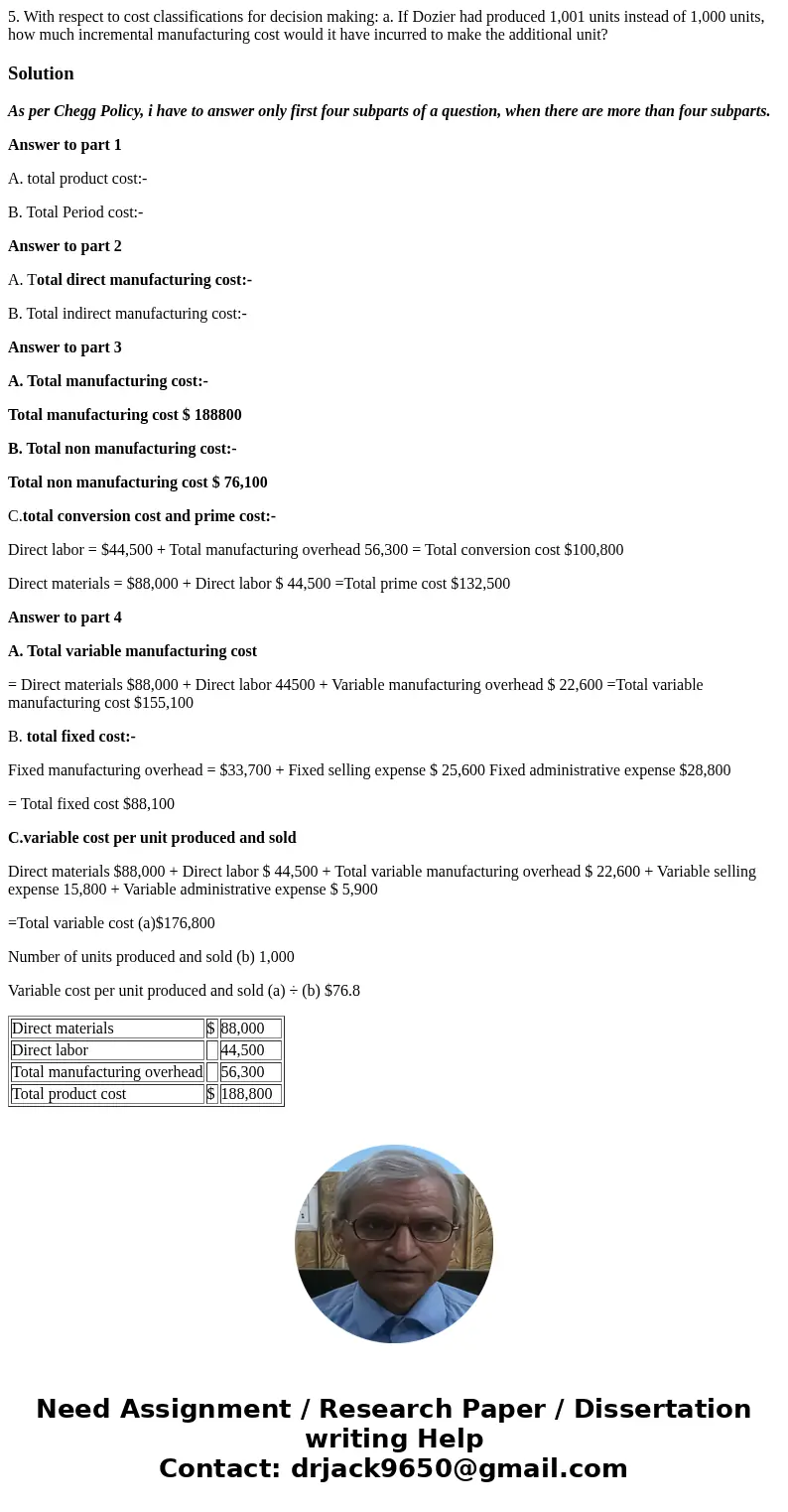 Dozier Company produced and sold 1,000 units during its first month of operations. It reported the following costs and expenses for the month: Direct materials  Dozier Company produced and sold 1,000 units during its first month of operations. It reported the following costs and expenses for the month: Direct materials