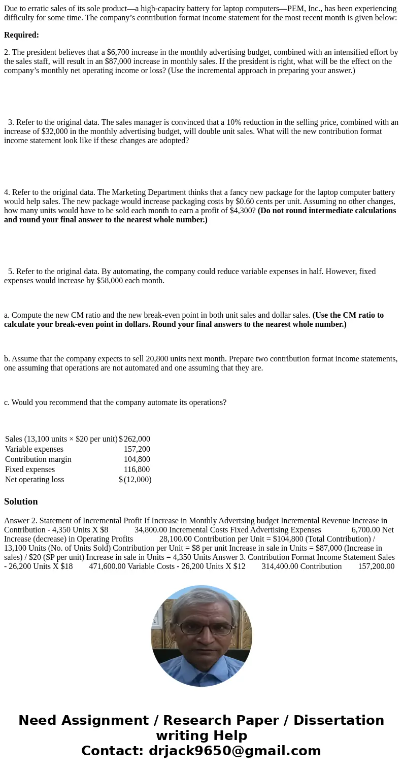 Due to erratic sales of its sole product—a high-capacity battery for laptop computers—PEM, Inc., has been experiencing difficulty for some time. The company’s c