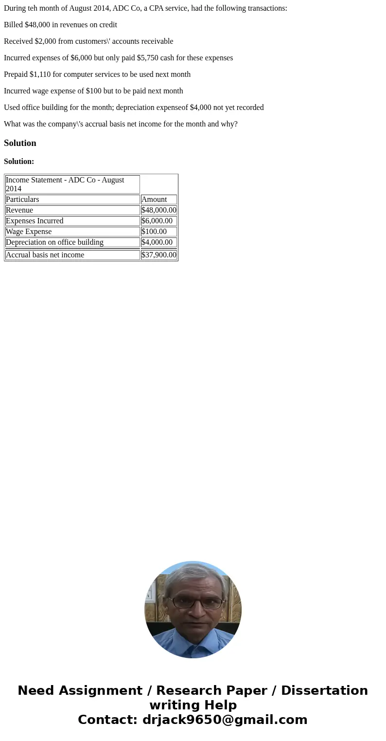 During teh month of August 2014, ADC Co, a CPA service, had the following transactions: Billed $48,000 in revenues on credit Received $2,000 from customers\' ac
