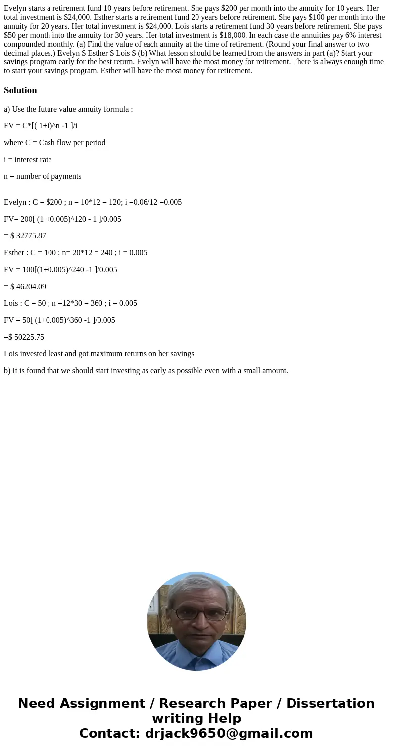 Evelyn starts a retirement fund 10 years before retirement. She pays $200 per month into the annuity for 10 years. Her total investment is $24,000. Esther start Evelyn starts a retirement fund 10 years before retirement. She pays $200 per month into the annuity for 10 years. Her total investment is $24,000. Esther start