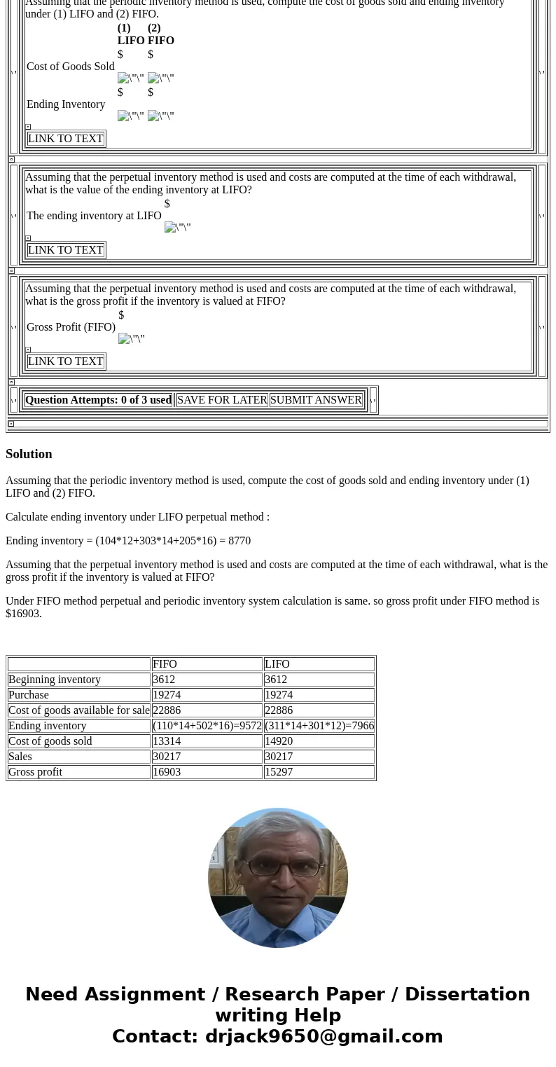 Exercise 8-10 (1) LIFO (2) FIFO LINK TO TEXT LINK TO TEXT LINK TO TEXT SAVE FOR LATER SUBMIT ANSWER Exercise 8-10 Inventory information for Part 311 of Stellar 