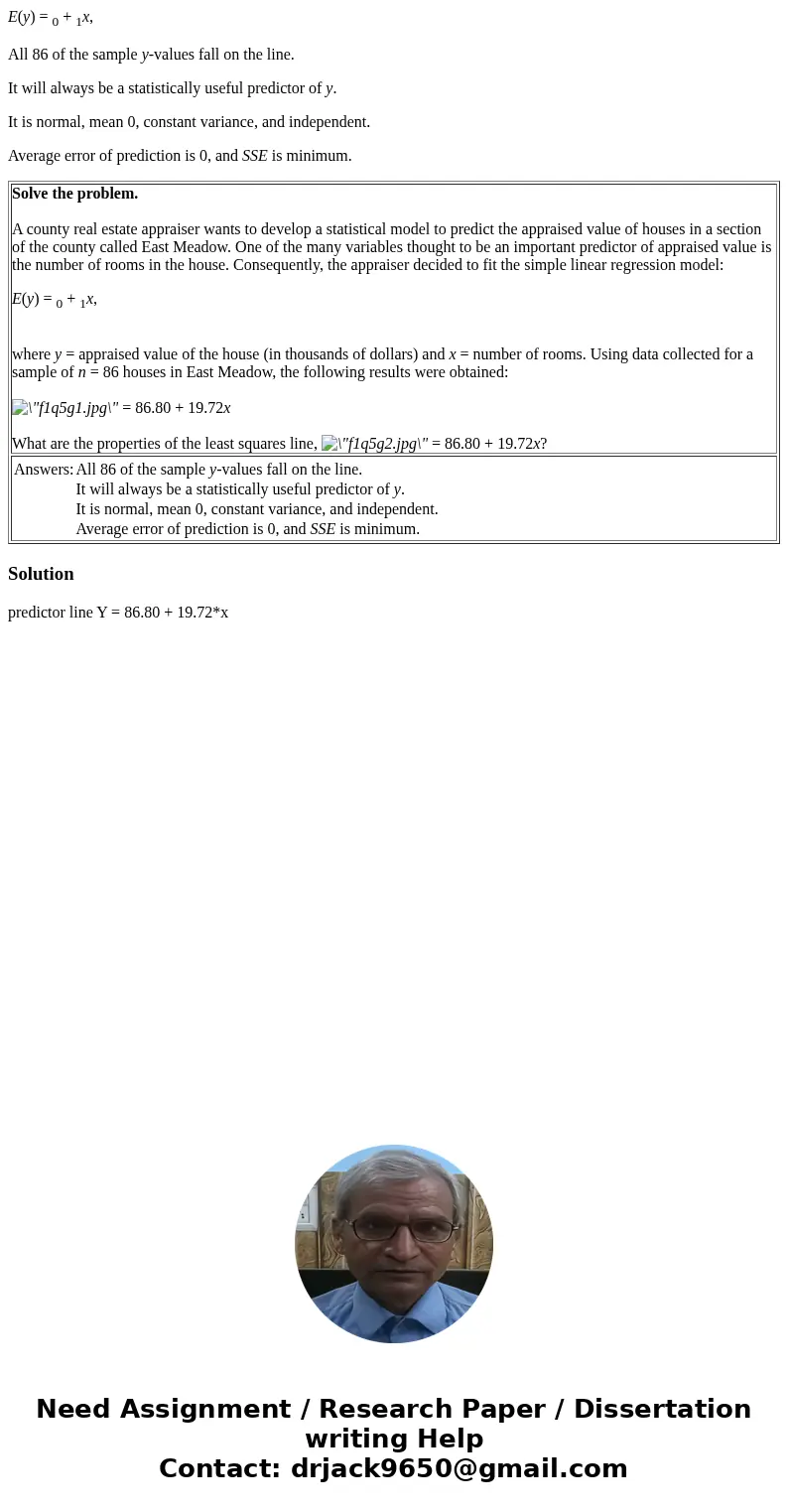 E(y) = 0 + 1x, All 86 of the sample y-values fall on the line. It will always be a statistically useful predictor of y. It is normal, mean 0, constant variance,