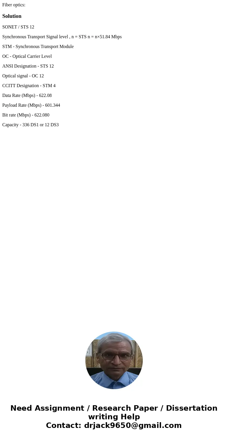 Fiber optics:SolutionSONET / STS 12 Synchronous Transport Signal level , n = STS n = n×51.84 Mbps STM - Synchronous Transport Module OC - Optical Carrier Level 