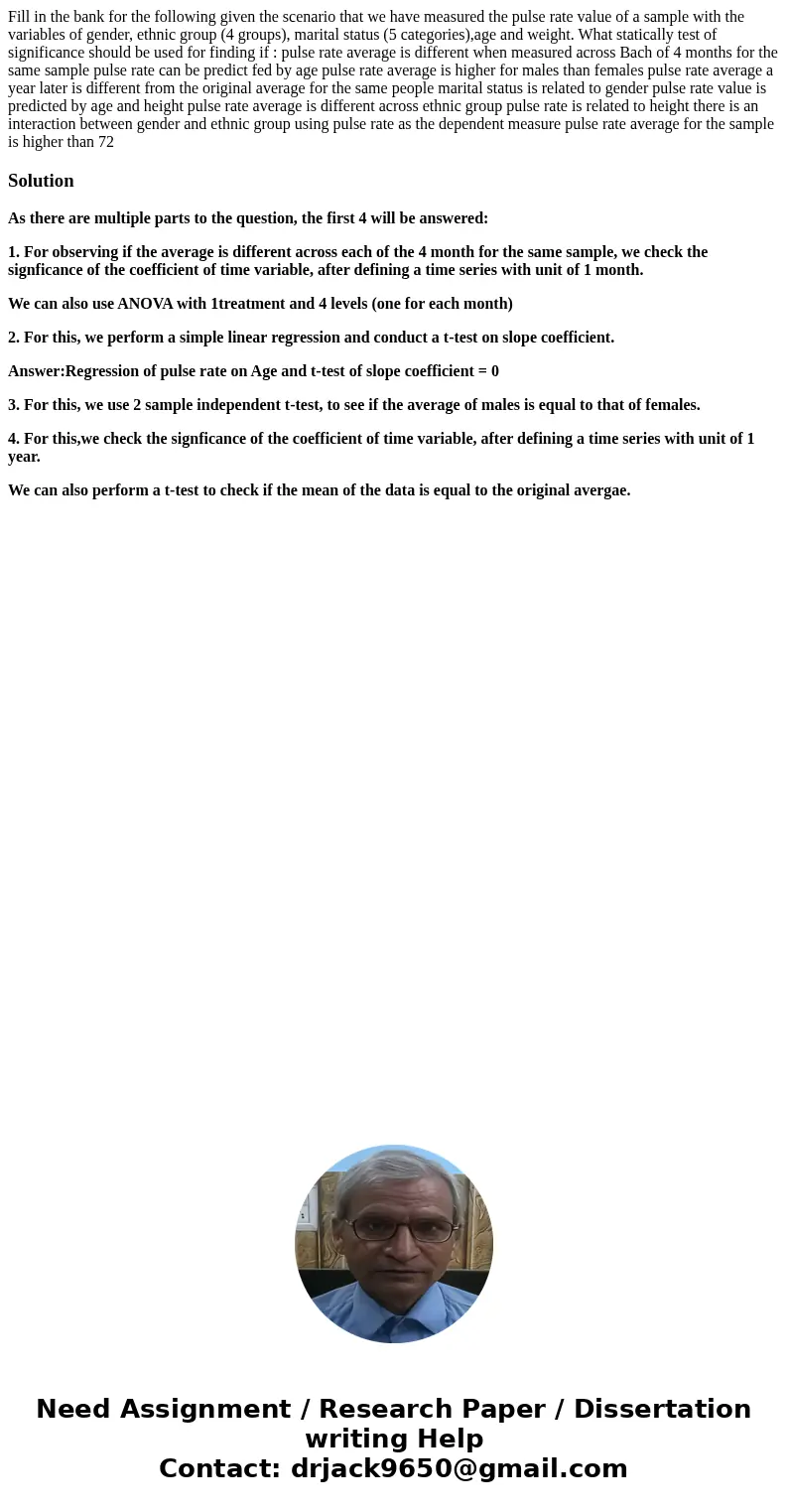 Fill in the bank for the following given the scenario that we have measured the pulse rate value of a sample with the variables of gender, ethnic group (4 grou  Fill in the bank for the following given the scenario that we have measured the pulse rate value of a sample with the variables of gender, ethnic group (4 grou