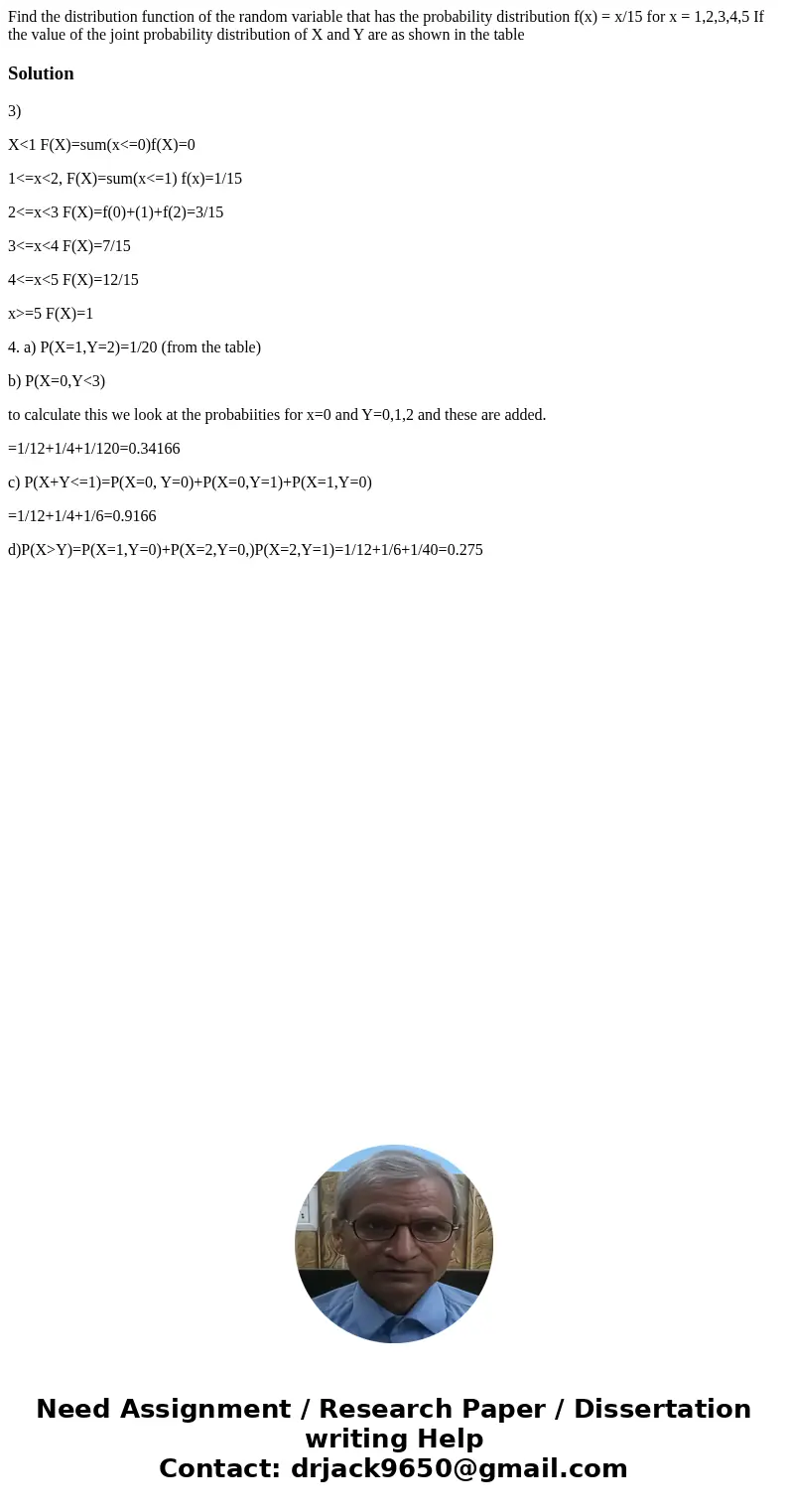 Find the distribution function of the random variable that has the probability distribution f(x) = x/15 for x = 1,2,3,4,5 If the value of the joint probability  Find the distribution function of the random variable that has the probability distribution f(x) = x/15 for x = 1,2,3,4,5 If the value of the joint probability