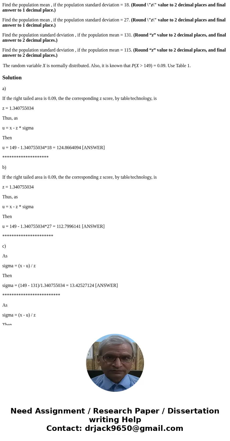 Find the population mean , if the population standard deviation = 18. (Round \
