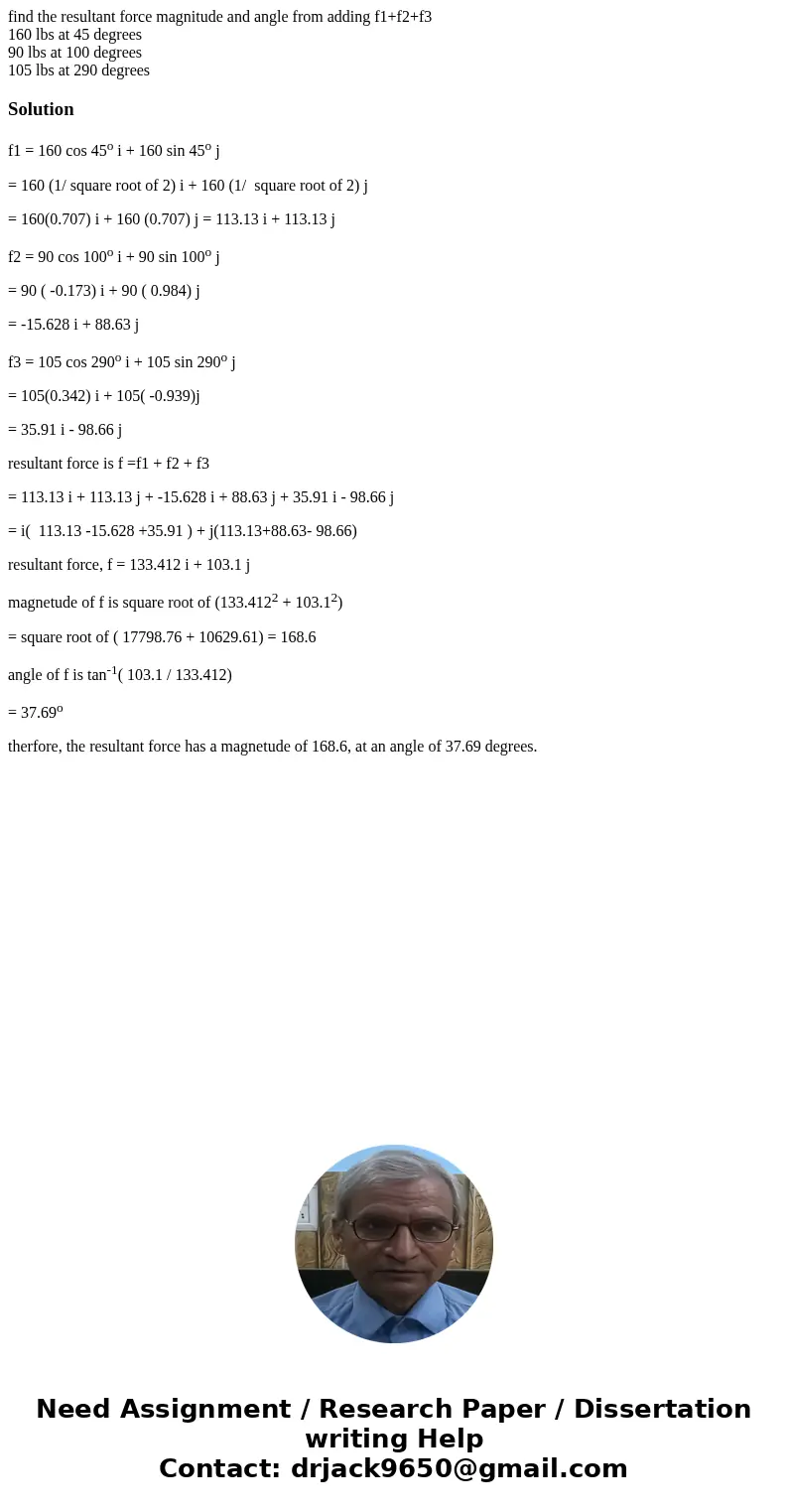 find the resultant force magnitude and angle from adding f1+f2+f3 160 lbs at 45 degrees 90 lbs at 100 degrees 105 lbs at 290 degreesSolutionf1 = 160 cos 45o i +