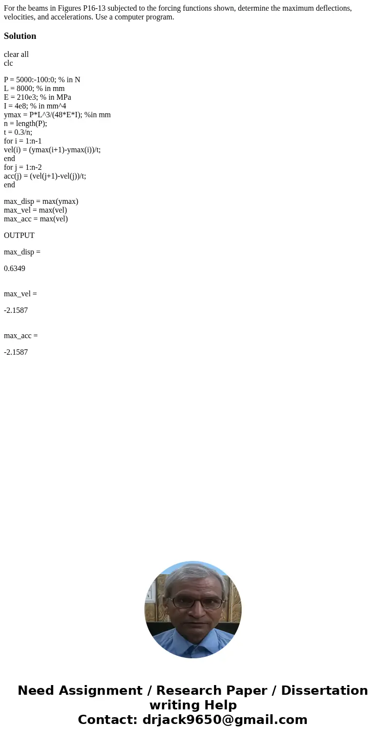 For the beams in Figures P16-13 subjected to the forcing functions shown, determine the maximum deflections, velocities, and accelerations. Use a computer prog  For the beams in Figures P16-13 subjected to the forcing functions shown, determine the maximum deflections, velocities, and accelerations. Use a computer prog