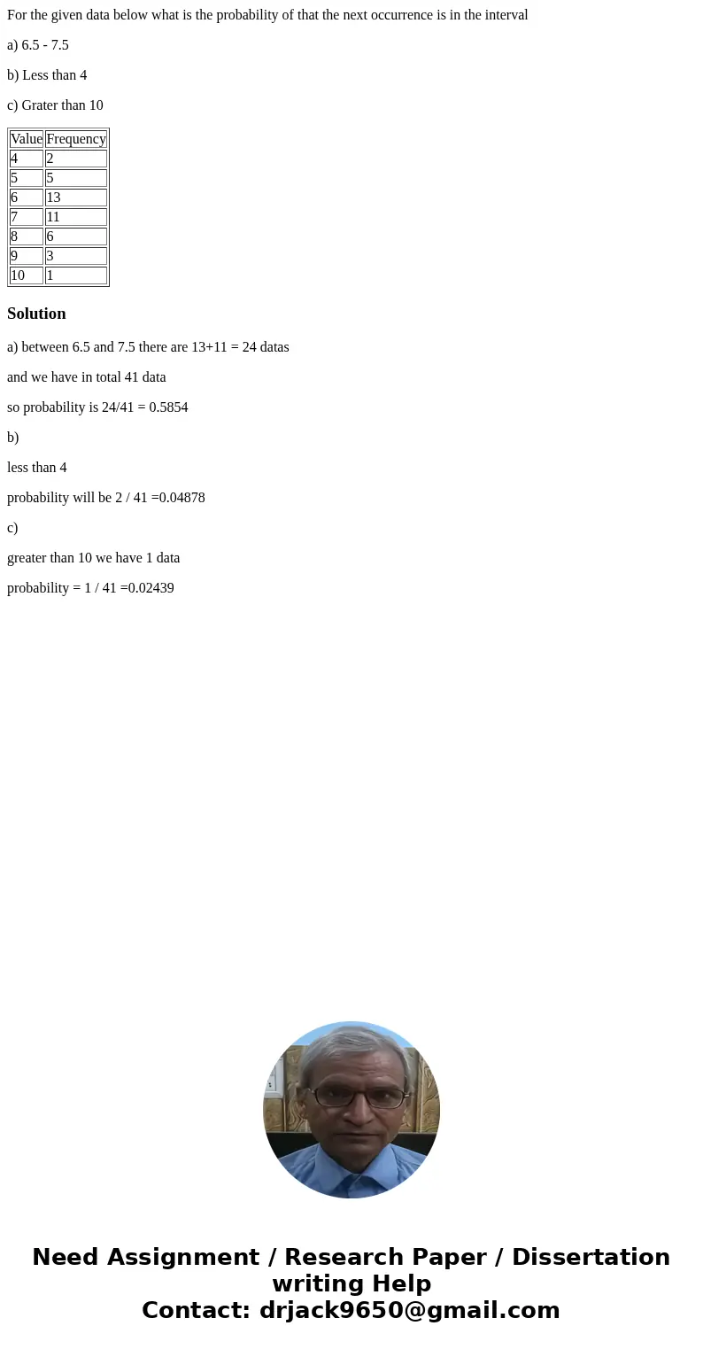 For the given data below what is the probability of that the next occurrence is in the interval a) 6.5 - 7.5 b) Less than 4 c) Grater than 10 Value Frequency 4 