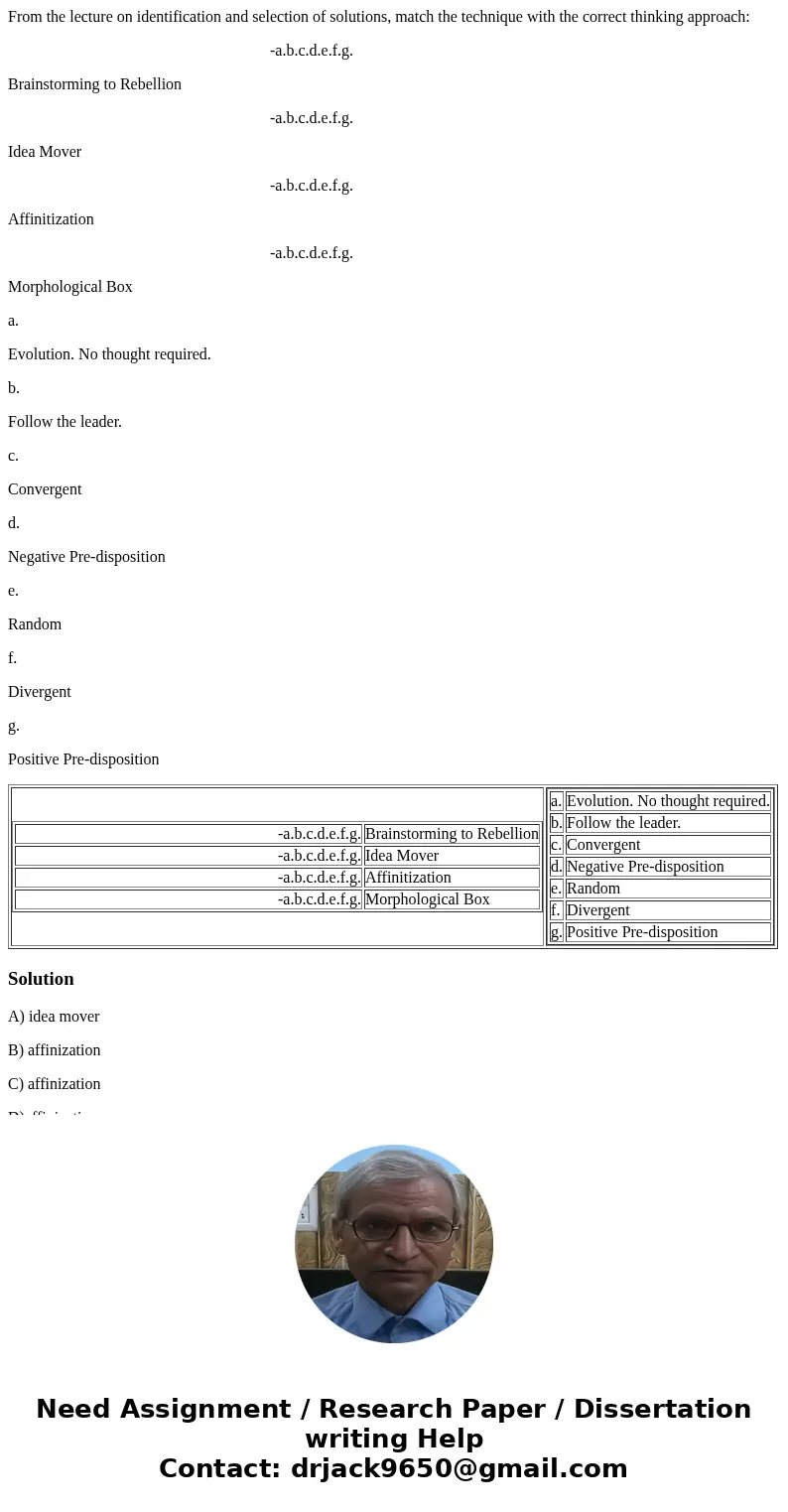 From the lecture on identification and selection of solutions, match the technique with the correct thinking approach: -a.b.c.d.e.f.g. Brainstorming to Rebellio