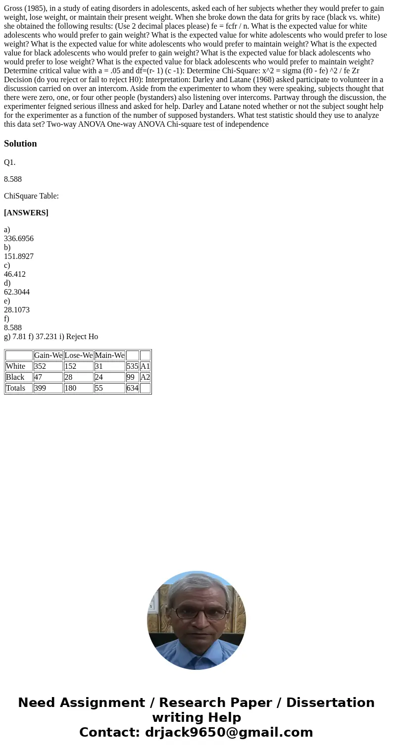 Gross (1985), in a study of eating disorders in adolescents, asked each of her subjects whether they would prefer to gain weight, lose weight, or maintain thei  Gross (1985), in a study of eating disorders in adolescents, asked each of her subjects whether they would prefer to gain weight, lose weight, or maintain thei