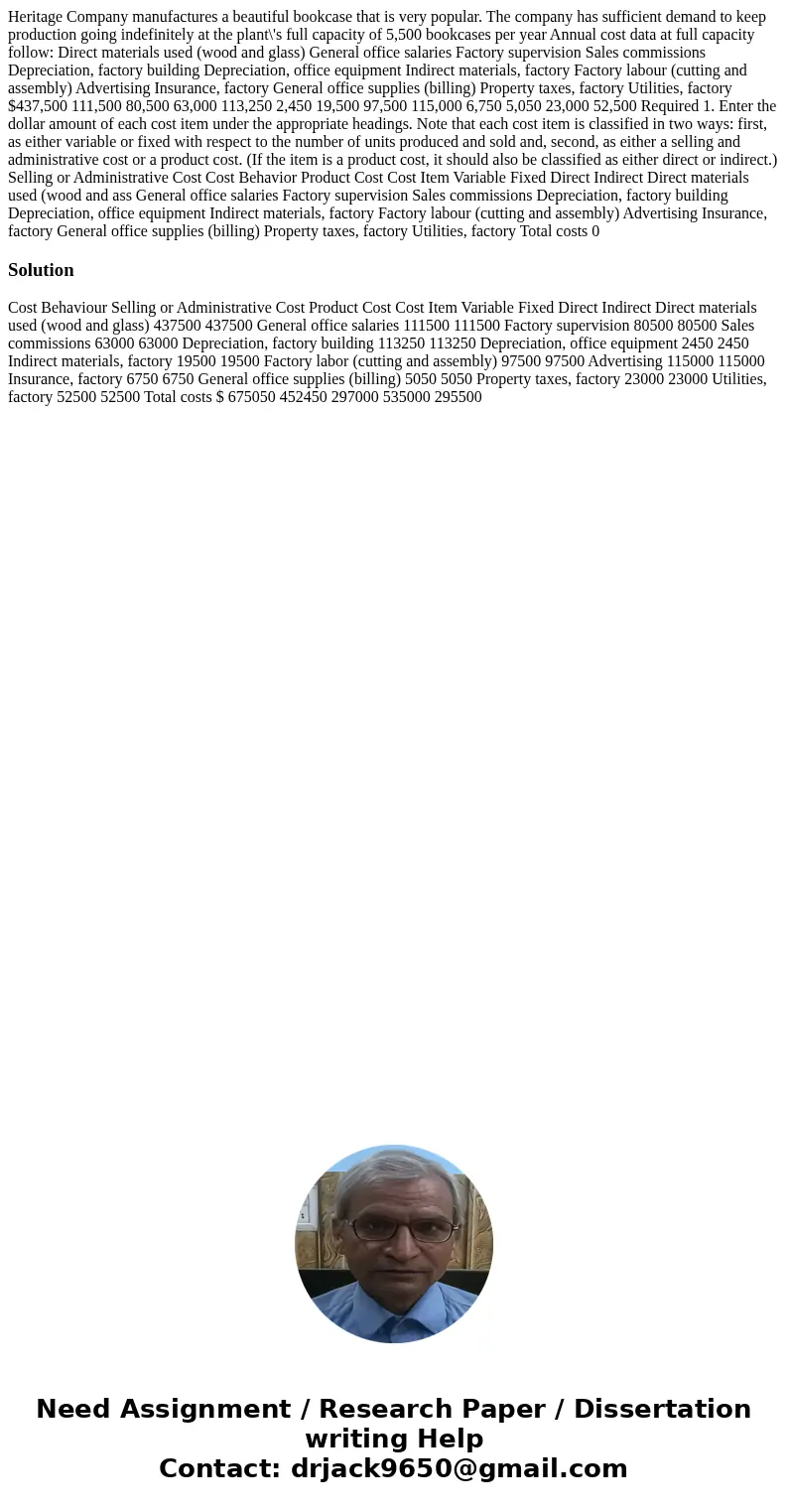  Heritage Company manufactures a beautiful bookcase that is very popular. The company has sufficient demand to keep production going indefinitely at the plant\'