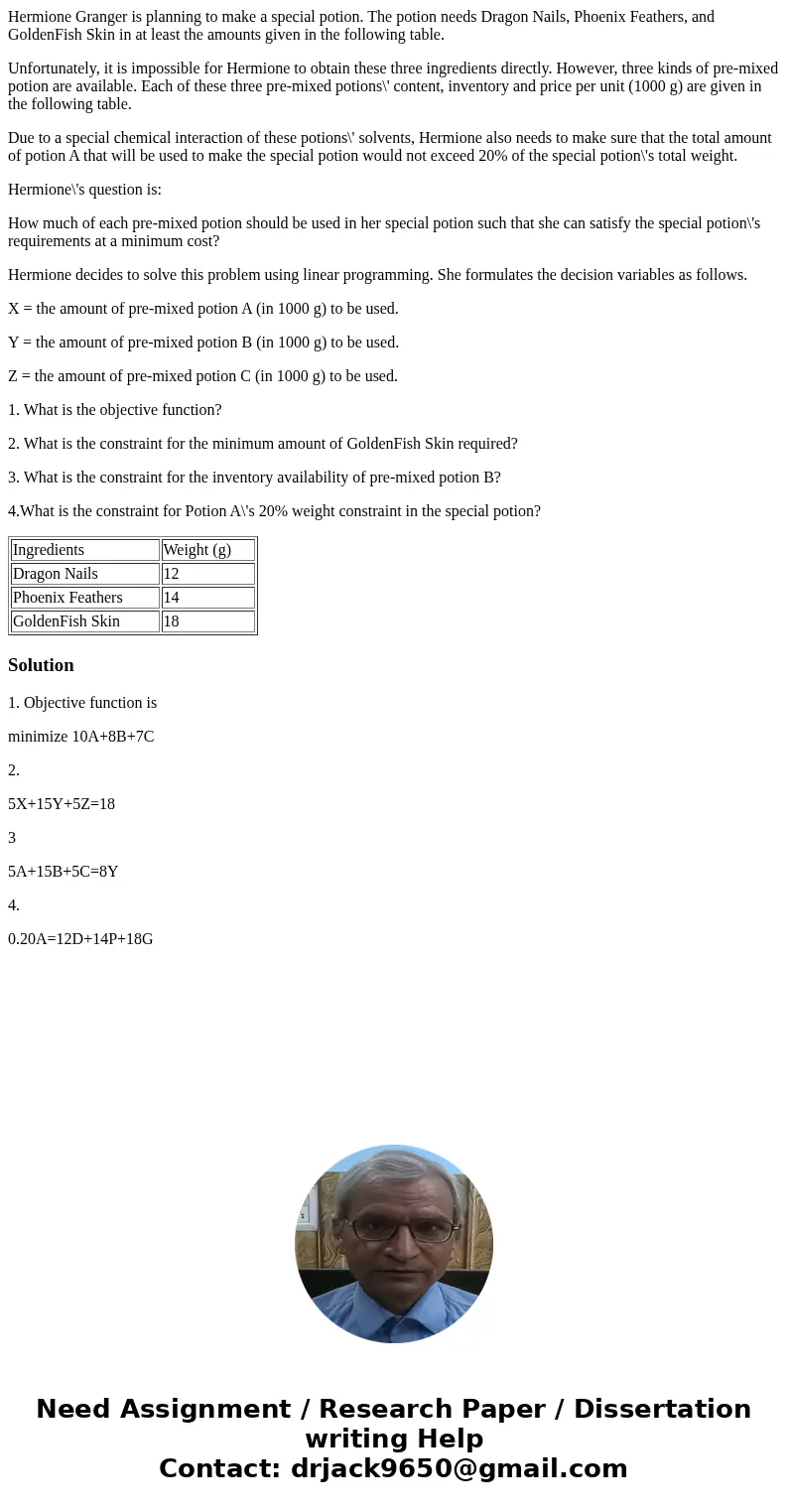 Hermione Granger is planning to make a special potion. The potion needs Dragon Nails, Phoenix Feathers, and GoldenFish Skin in at least the amounts given in the Hermione Granger is planning to make a special potion. The potion needs Dragon Nails, Phoenix Feathers, and GoldenFish Skin in at least the amounts given in the