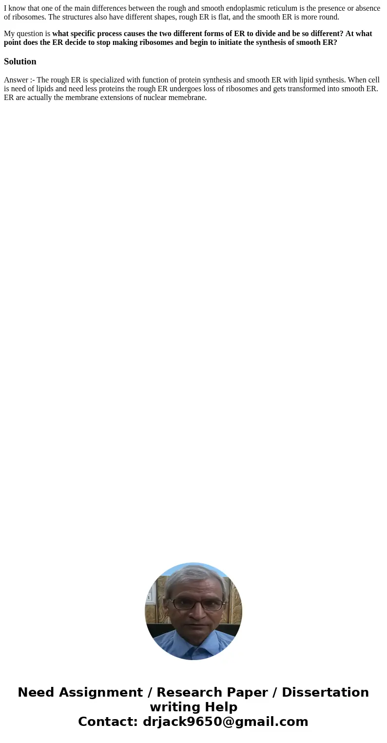 I know that one of the main differences between the rough and smooth endoplasmic reticulum is the presence or absence of ribosomes. The structures also have dif I know that one of the main differences between the rough and smooth endoplasmic reticulum is the presence or absence of ribosomes. The structures also have dif