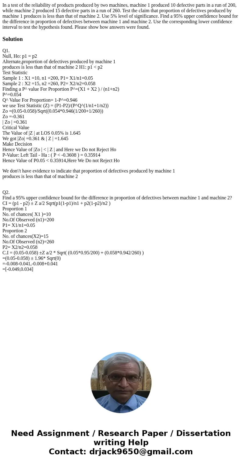 In a test of the reliability of products produced by two machines, machine 1 produced 10 defective parts in a run of 200, while machine 2 produced 15 defective  In a test of the reliability of products produced by two machines, machine 1 produced 10 defective parts in a run of 200, while machine 2 produced 15 defective