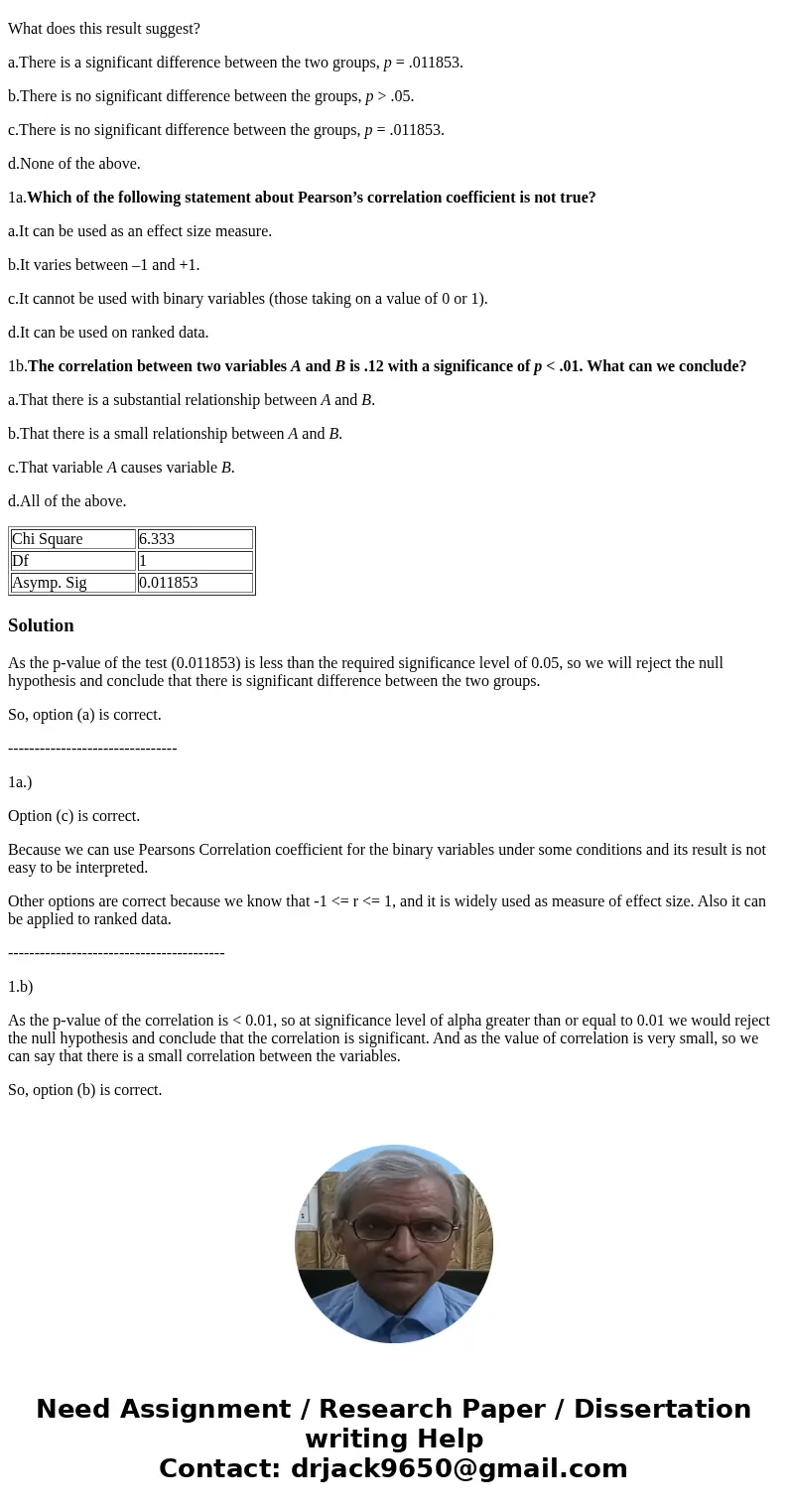 In an experiment involving cholesterol levels in type A and type B men the following data output was reported for a Kruskal–Wallis test: Chi Square 6.333 Df 1 A In an experiment involving cholesterol levels in type A and type B men the following data output was reported for a Kruskal–Wallis test: Chi Square 6.333 Df 1 A